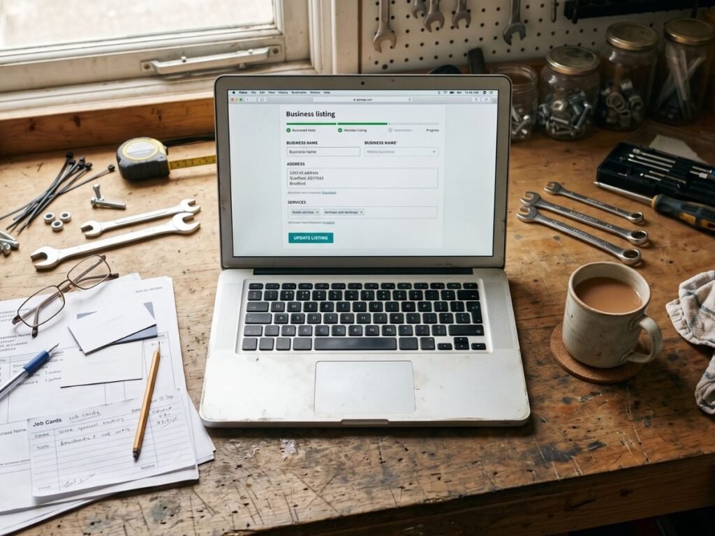 Business owner updating their Google Business Profile on a laptop