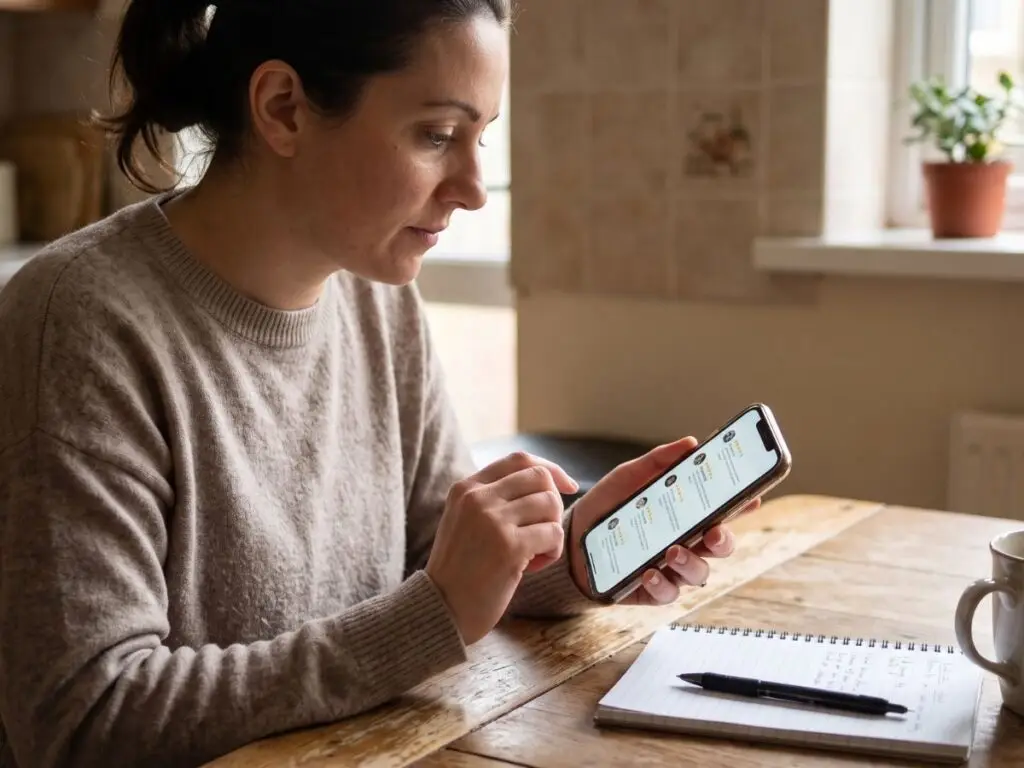 Customer reading local business reviews before calling