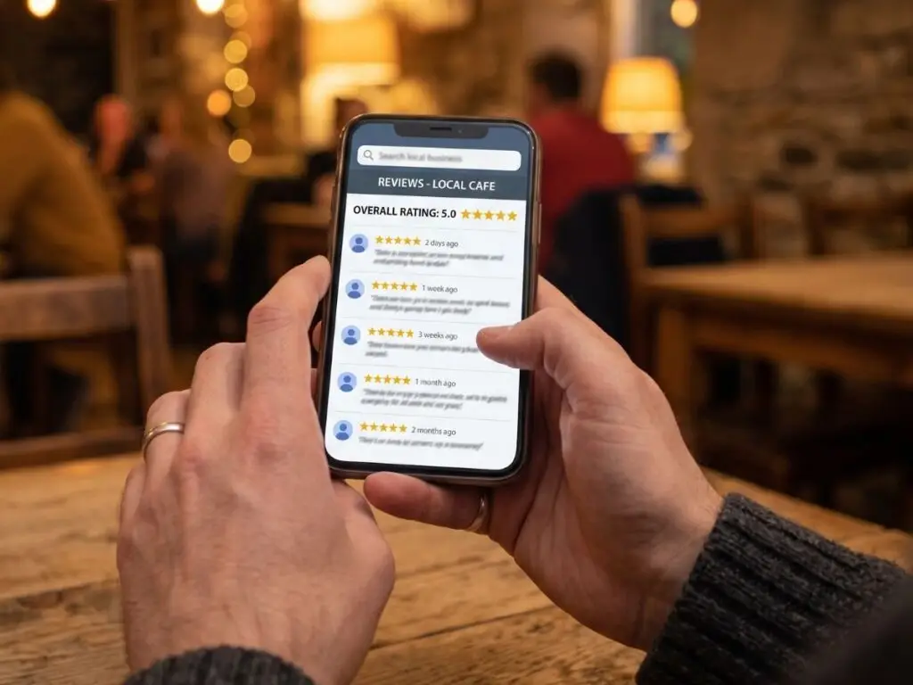 Customer reading reviews for a local business on a phone