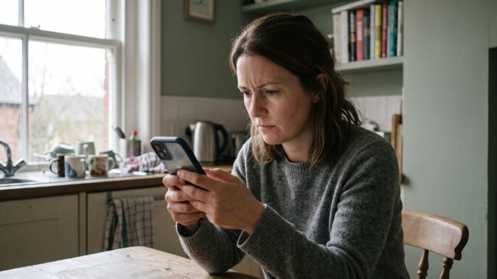 A woman reading an AI answer on her phone at a kitchen table
