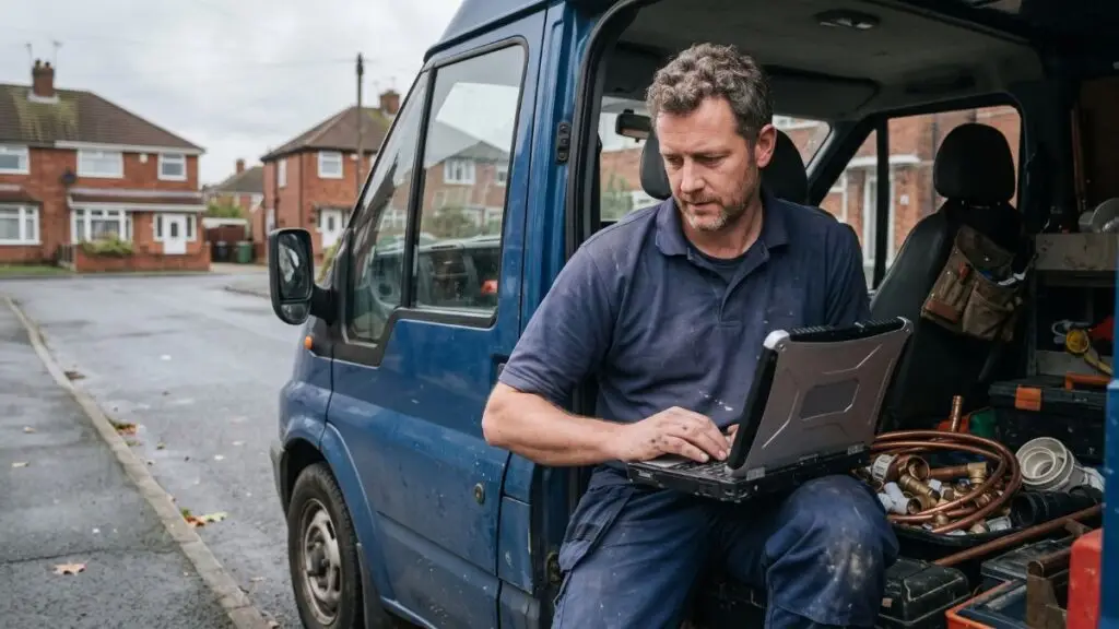 A plumber checking his business website on a laptop in his van