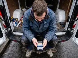 Tradesperson checking their business website on a phone