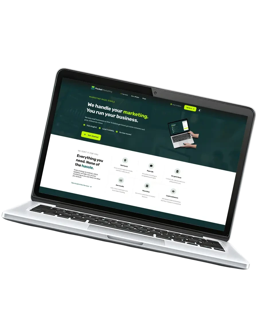 A small business website built by Pocket Marketing, shown on a laptop screen
