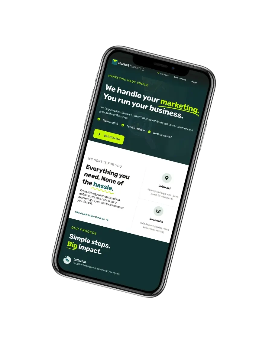 A small business website built by Pocket Marketing, shown on a mobile phone