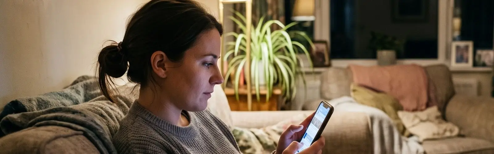 Person scrolling social media at home in the evening