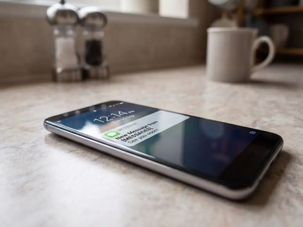 Review request text message arriving on a customer phone