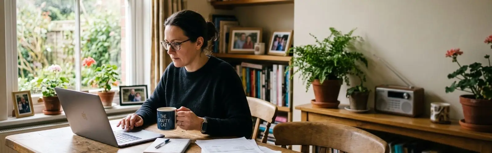 Small business owner reading email at a kitchen table