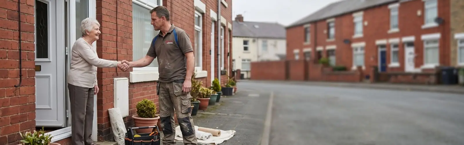 Tradesperson finishing a job with a happy customer on the doorstep